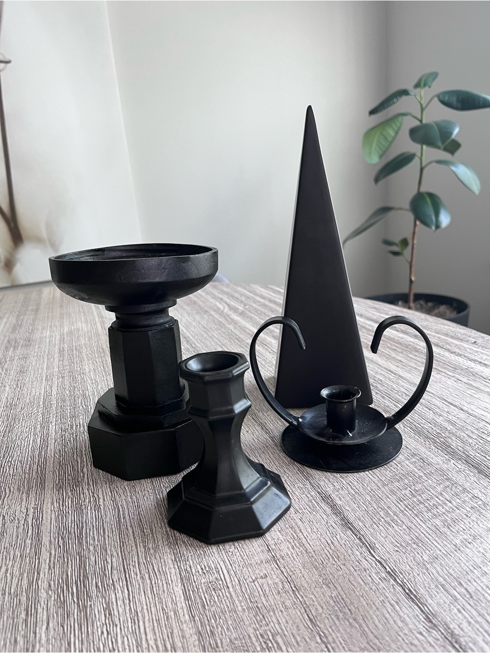 Black Decorative Vintage Style Candle Holders Set & Modern Home Accent Pyramid